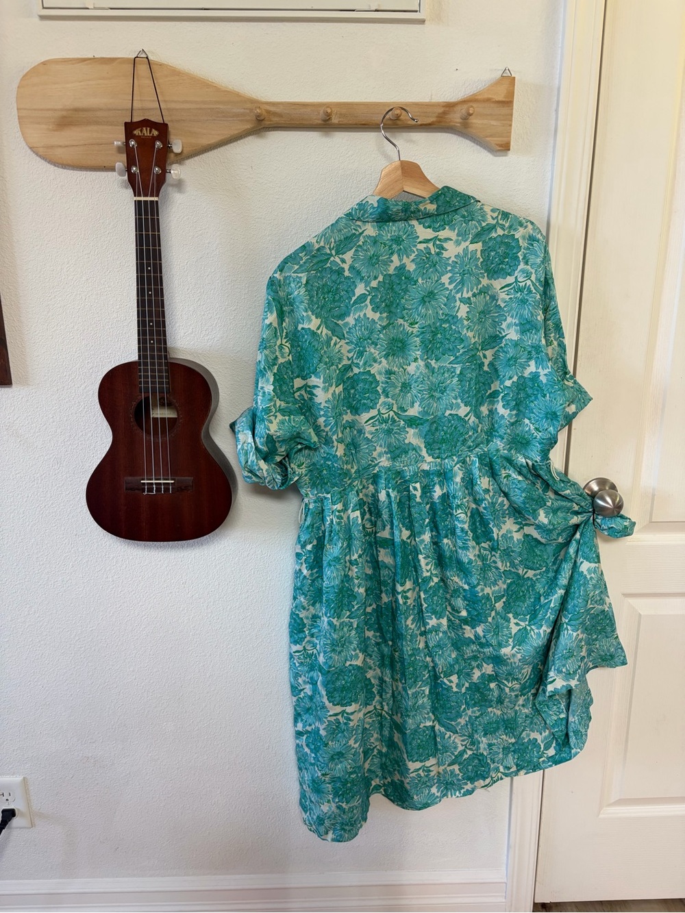 Vintage Silver Palm California Dress / Turquoise Hawaiian / Tiki / Modern L-XL - Picture 3 of 13